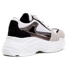 MİLA Grey Süede Black Süede Platin Hologram Bağcıklı Sneaker Bayan Ayakkabı